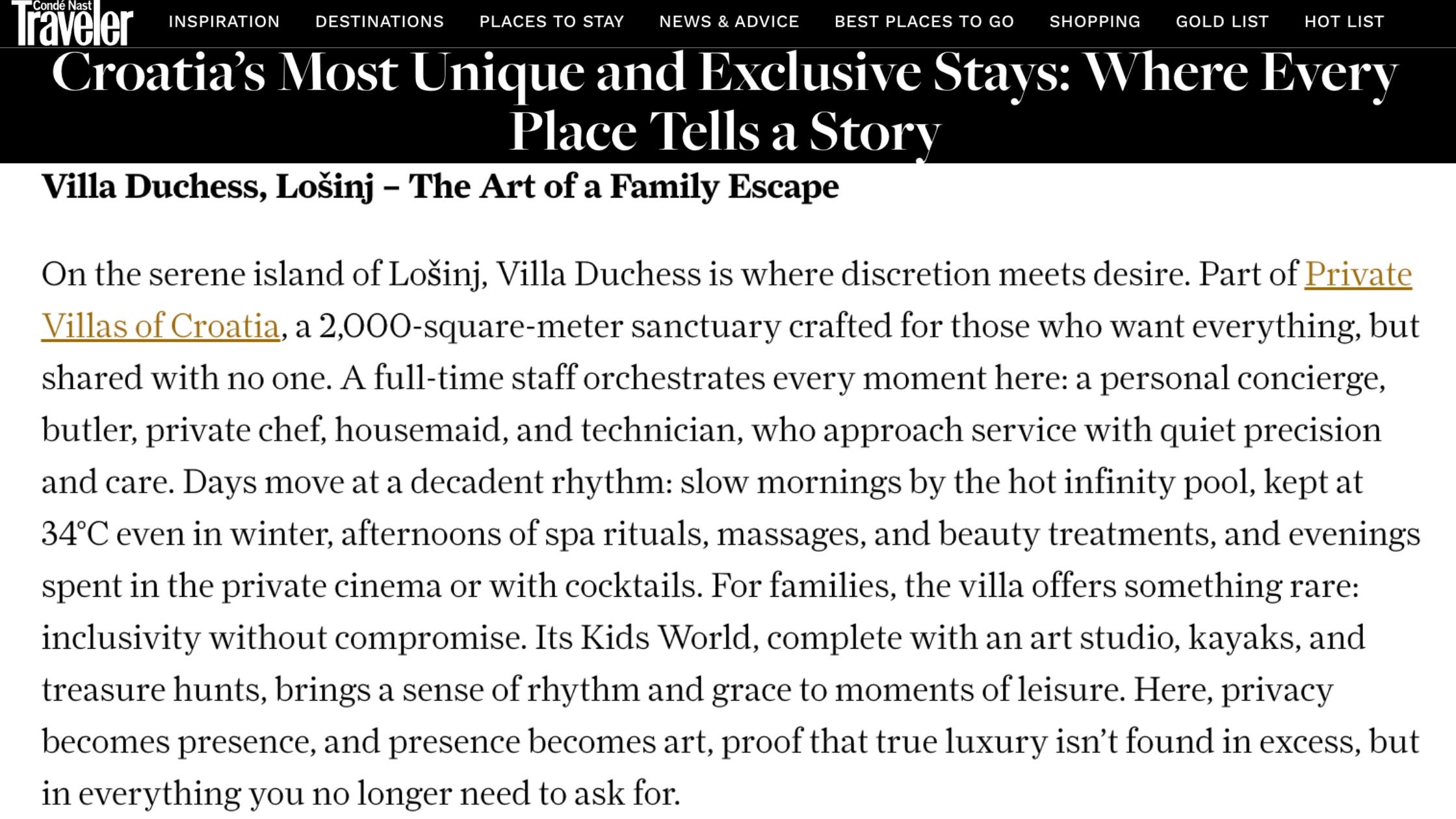Article about Private Villas of Croatia in Conde Nast Traveler - Villa Duchess Losinj