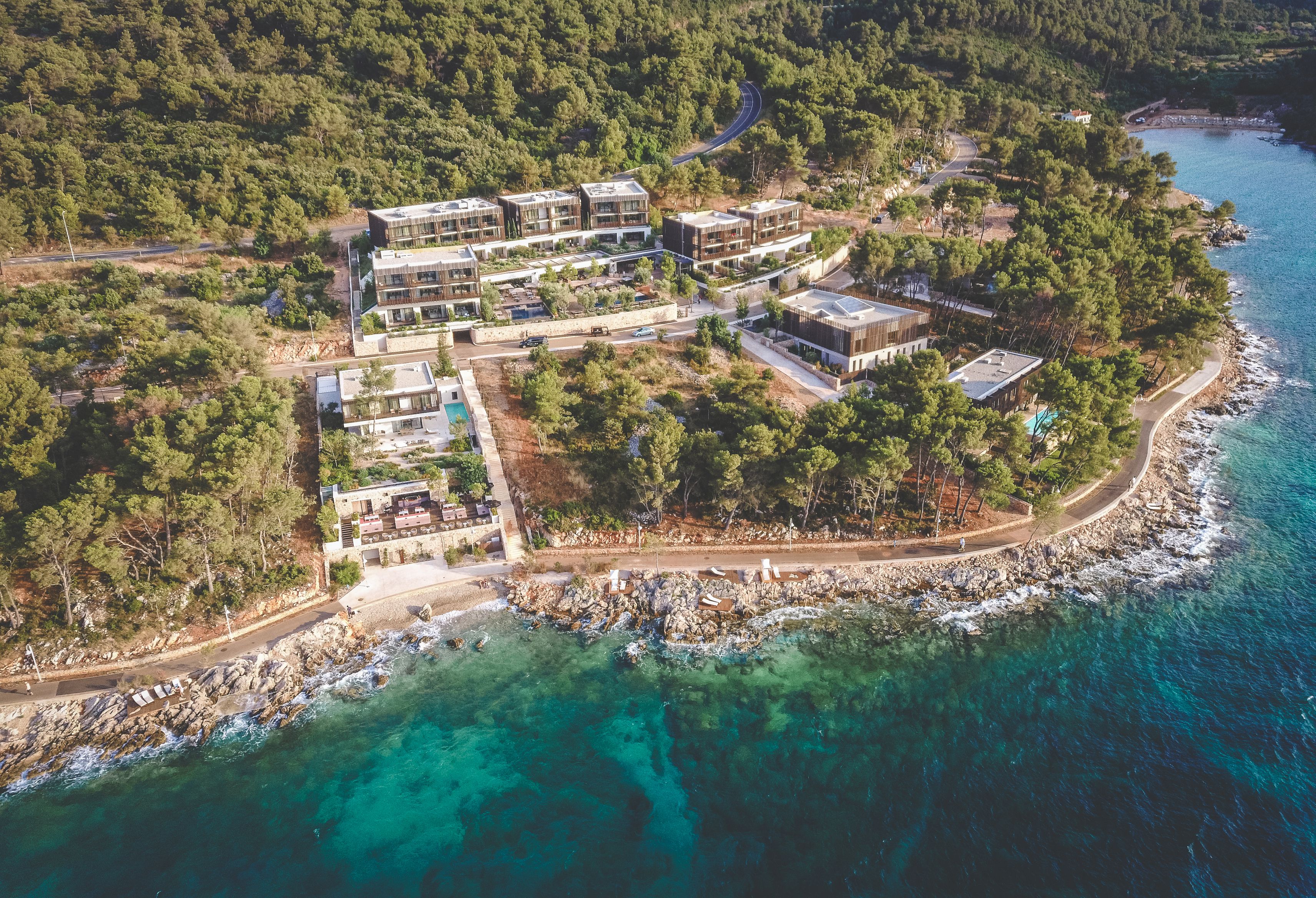 Aerial photo of five-star resort on the island of Hvar with private villas 