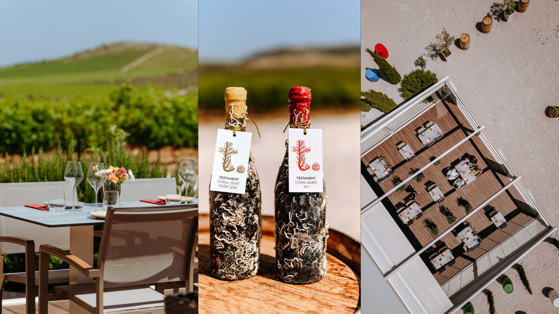 Vineyards, products and aerial photo of Testament Winery