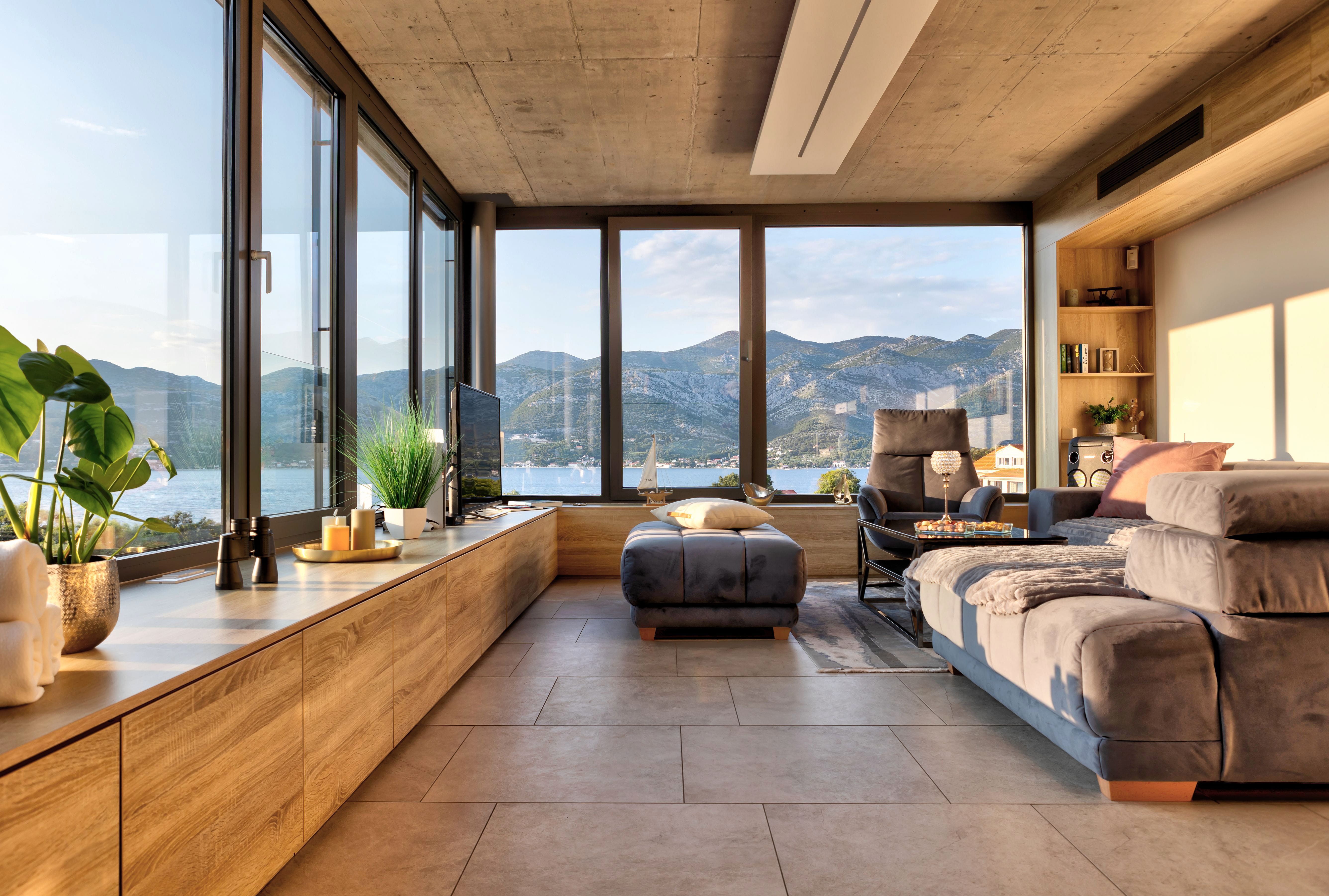 Modern living area of Villa Superior One Korcula with swimming pool
