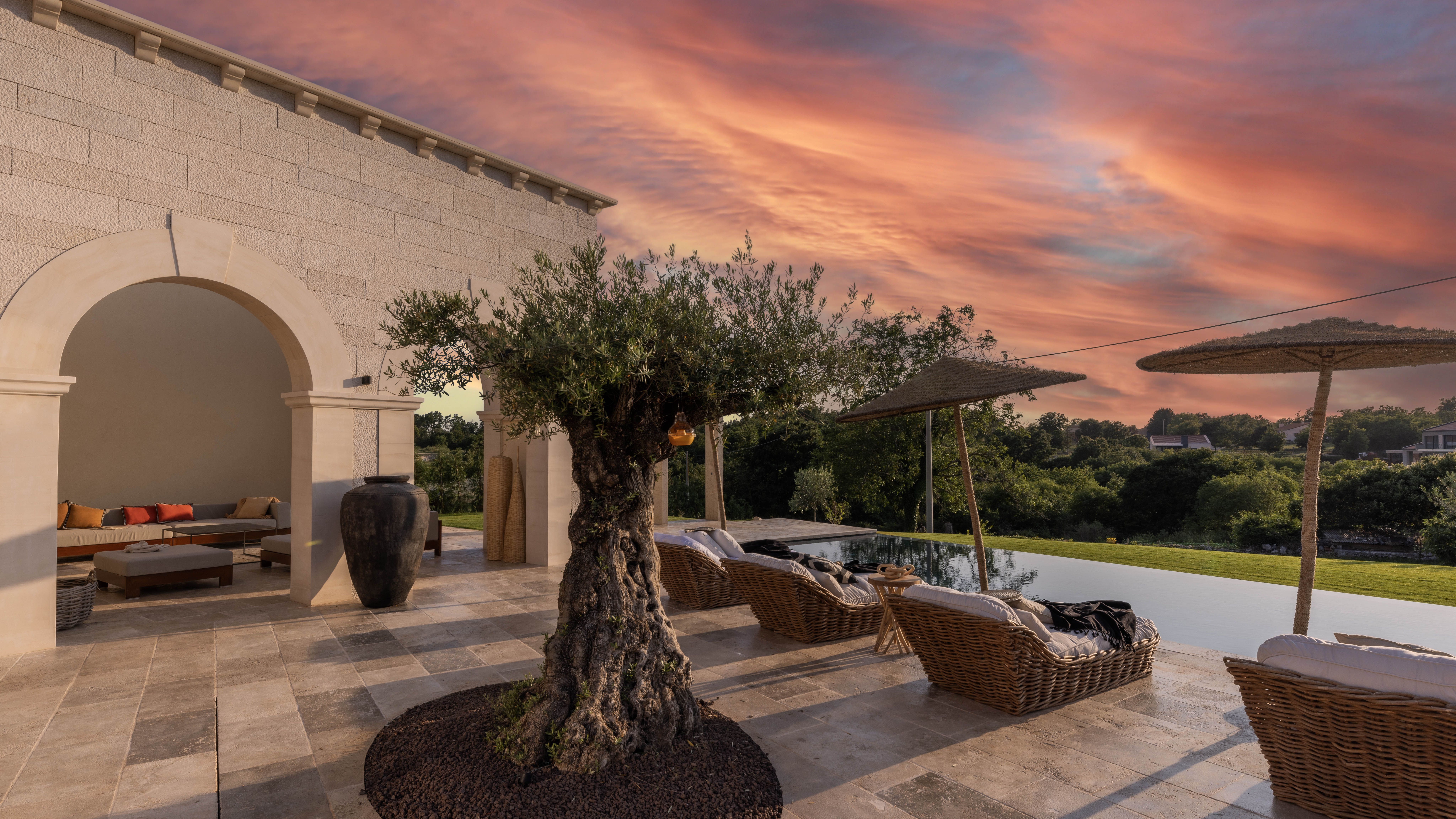 Outdoor lounge area in LaMaison Istria with an olive tree, seating, and umbrellas against a sunset sky.