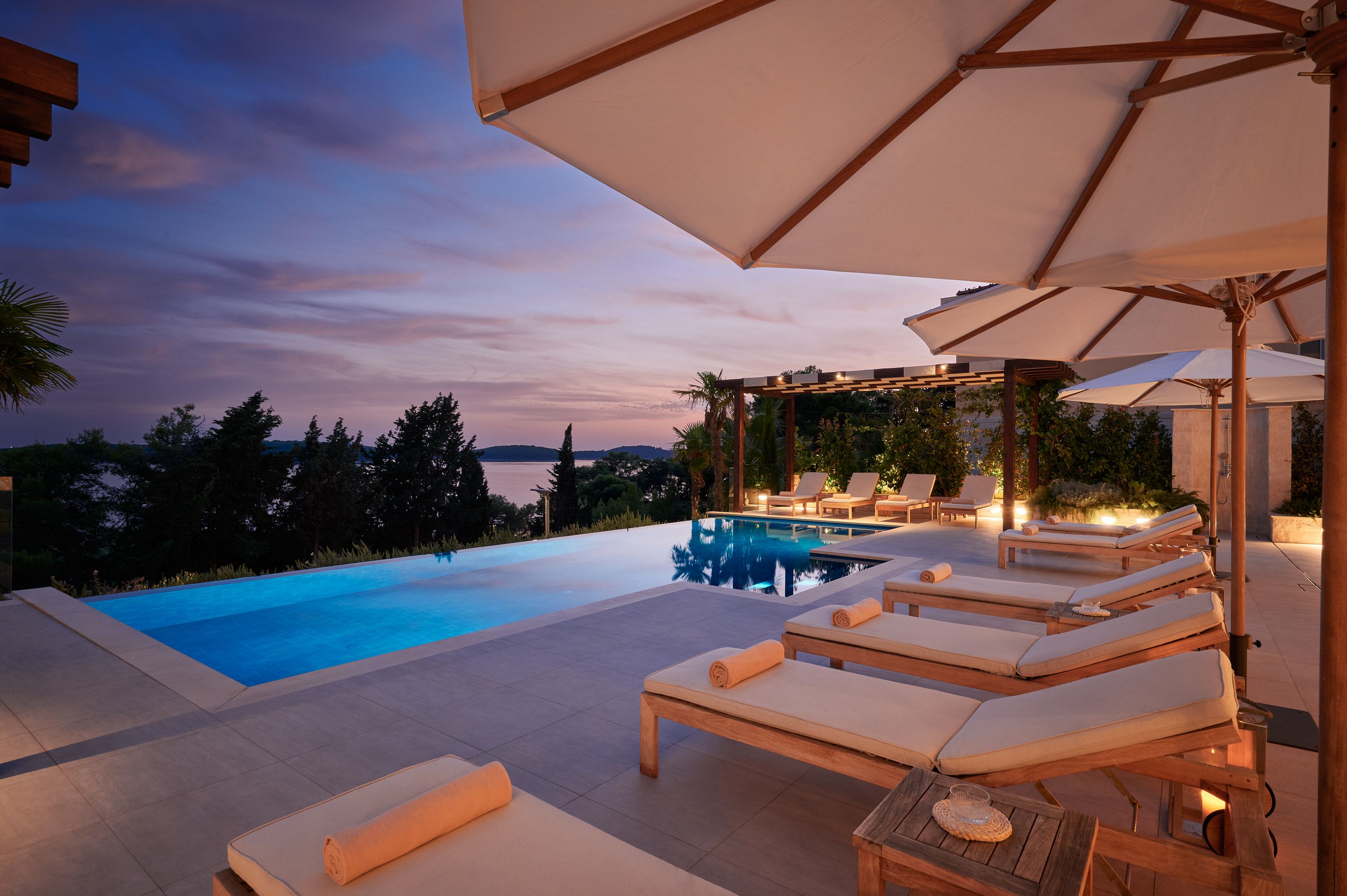 Luxury Villa Emerald on the island of Hvar with heated pool and sea views in sunset
