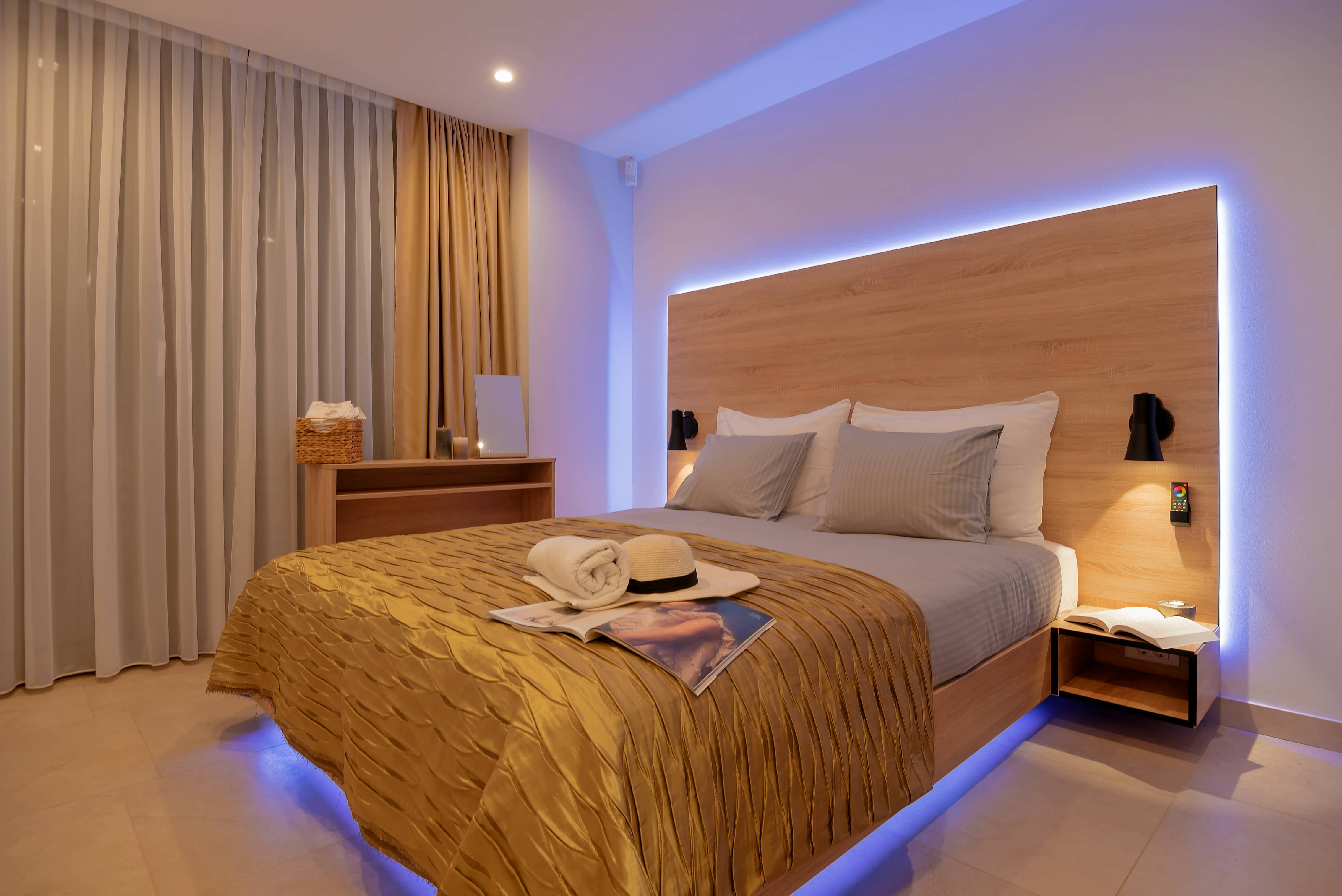 Modern bedroom with a double bed in Villa Superior Two on Korcula 