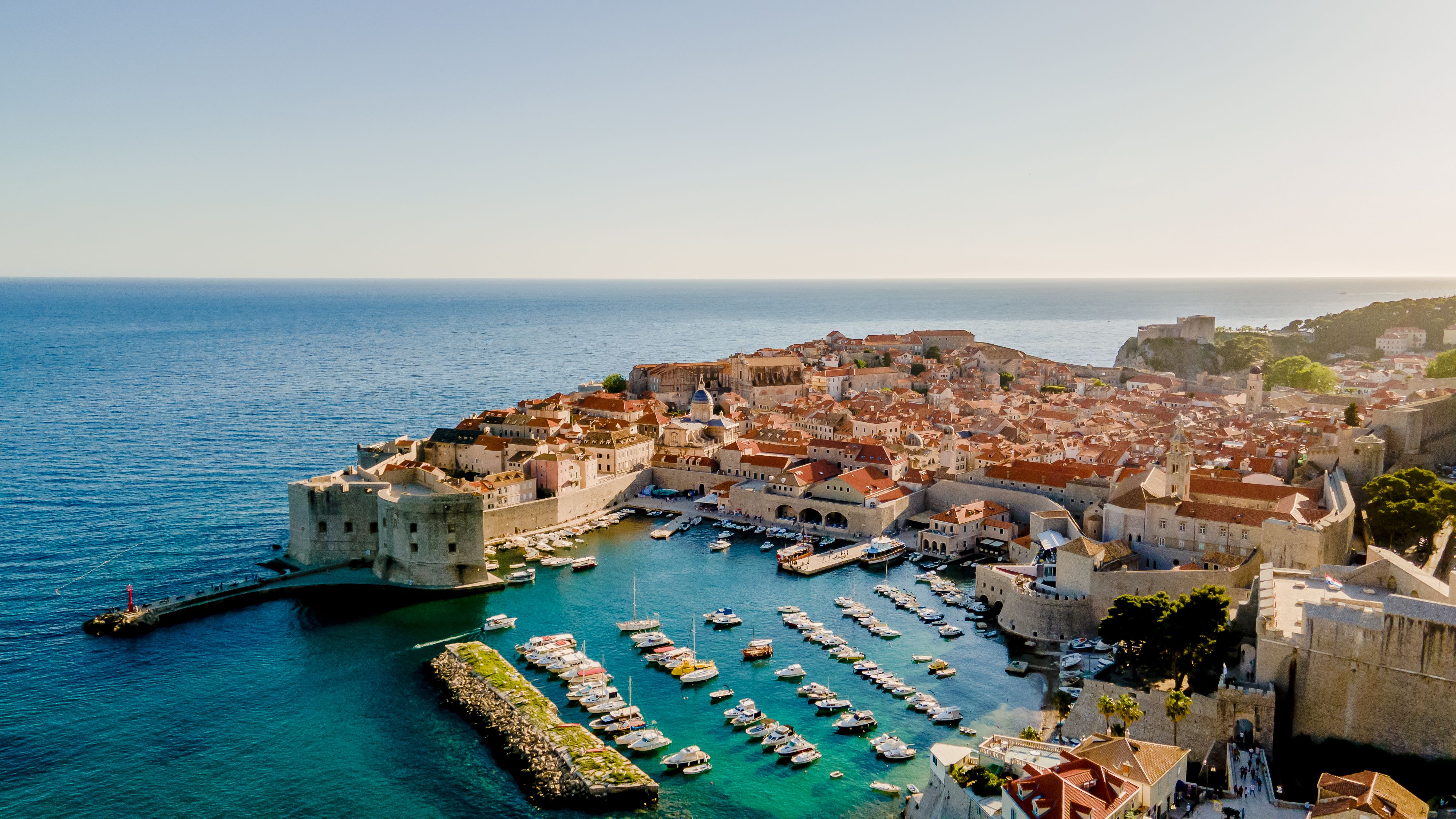 Aerial view of Dubrovnik Old Town, ancient walls, and the Adriatic sea