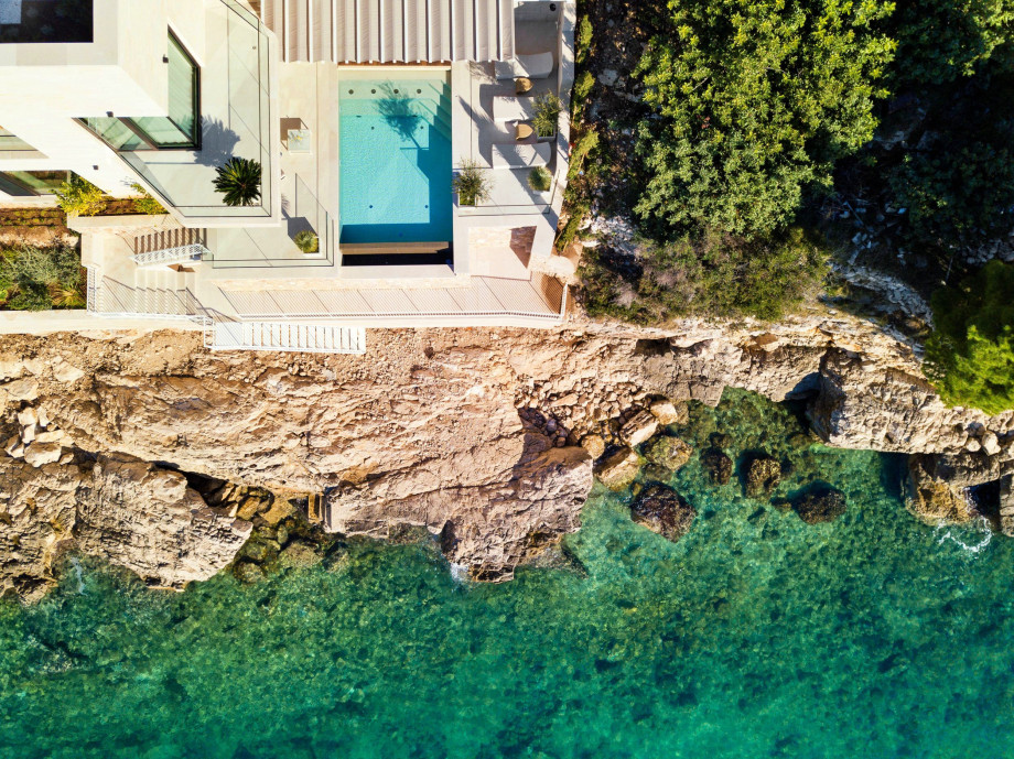 Aerial photo of Villa Delight in Dubrovnik area with pool, on the beachfront