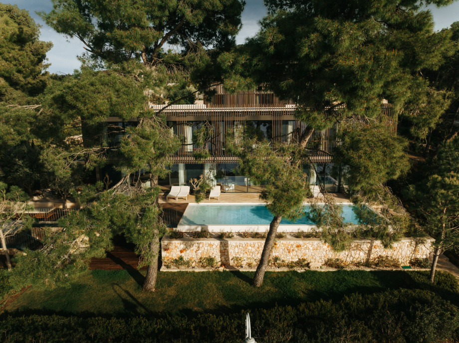 Aerial photo of Villa Cove Hvar with swimming pool surrounded by nature