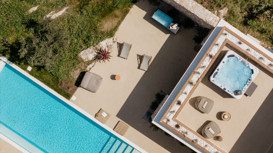 Aerial view of a luxury villa on the island of Solta with pool, Jacuzzi and a garden