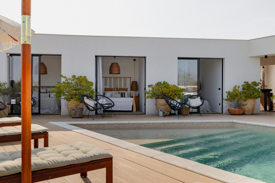 Outdoor area with pool and sun beds in a stunning Istrian villa Alina