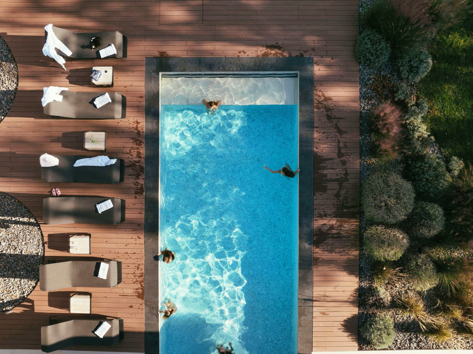 Aerial view of a luxury villa in Istria with heated pool, and large garden