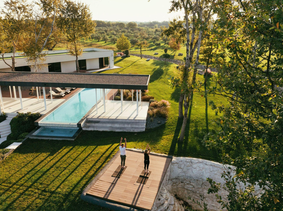 Aerial view of the garden and pool in a luxury villa in Istria