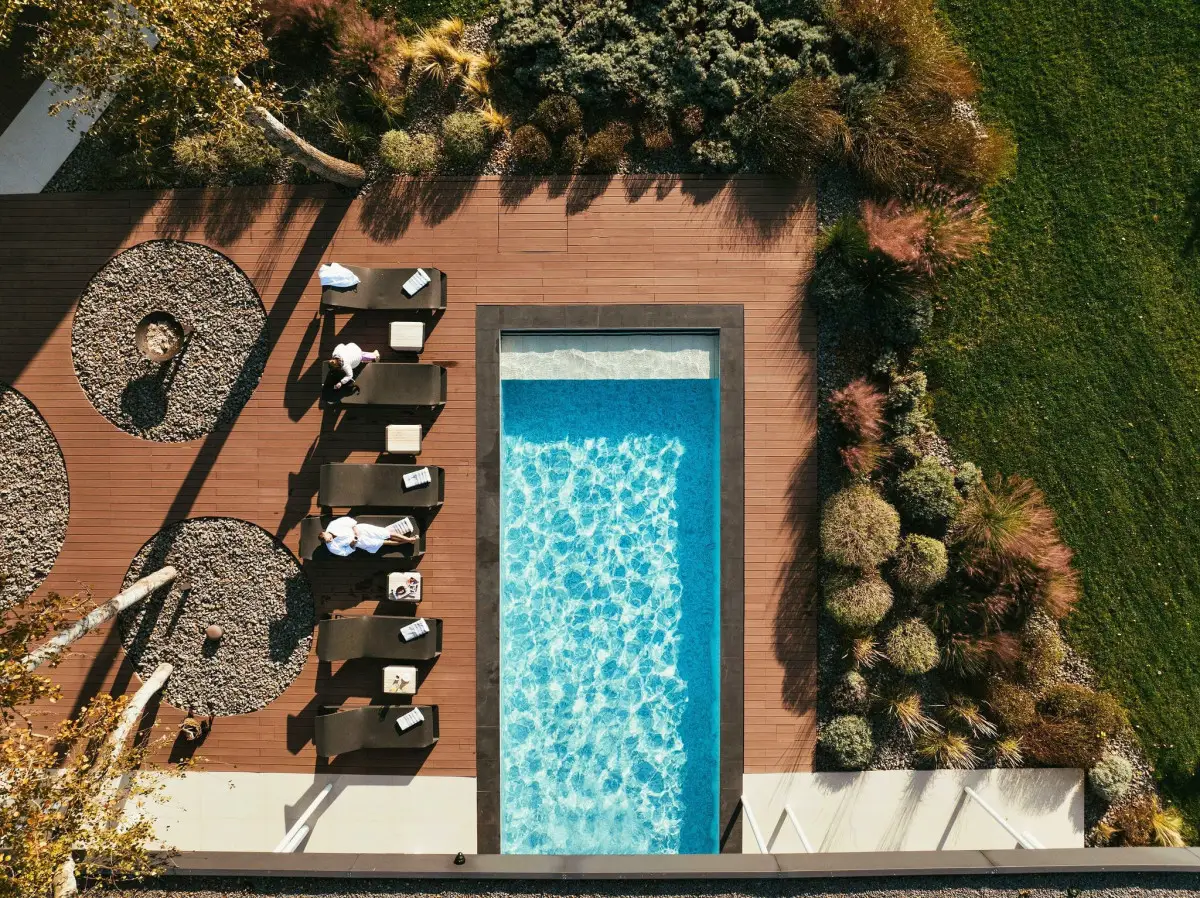 Aerial view of Villa Hacienda, a luxury villa with pool and sea view in Istria
