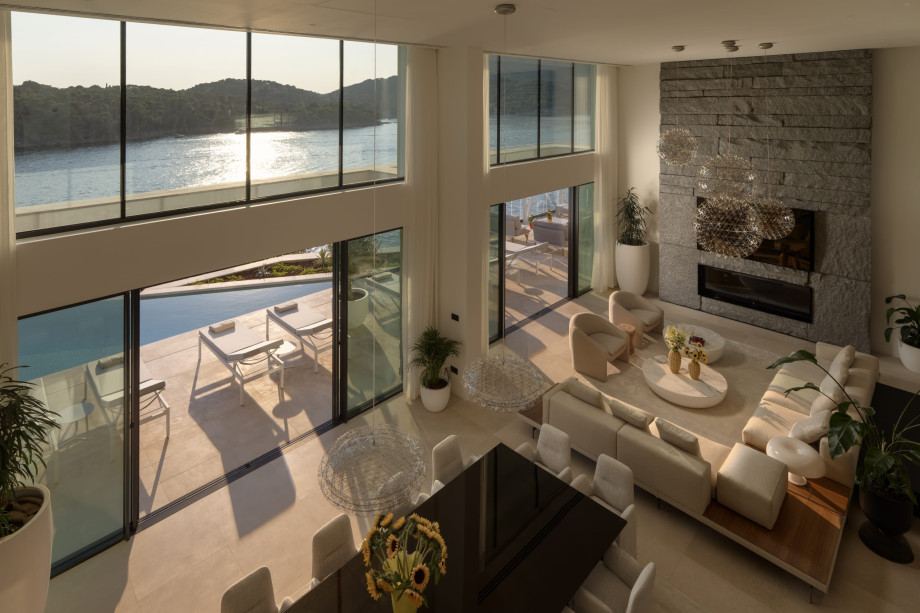 Elegant modern living space featuring large windows offering stunning sea view in Villa Isabella Dubrovnik